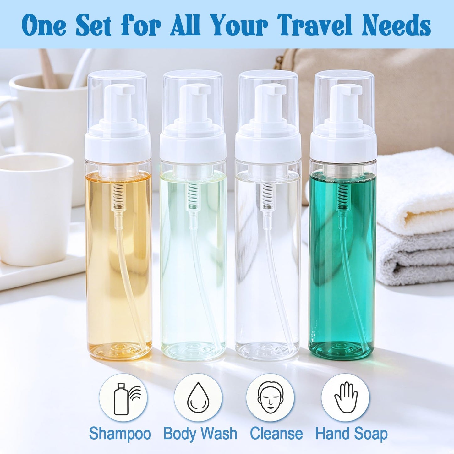 Foam Pump Bottle 8.5oz/250ml Clear Empty Foam Bottle Pump, Travel Foam Bottles for Soap, Shampoo, Cleaning Foam Dispenser Bottle Refillable (4 Pack)