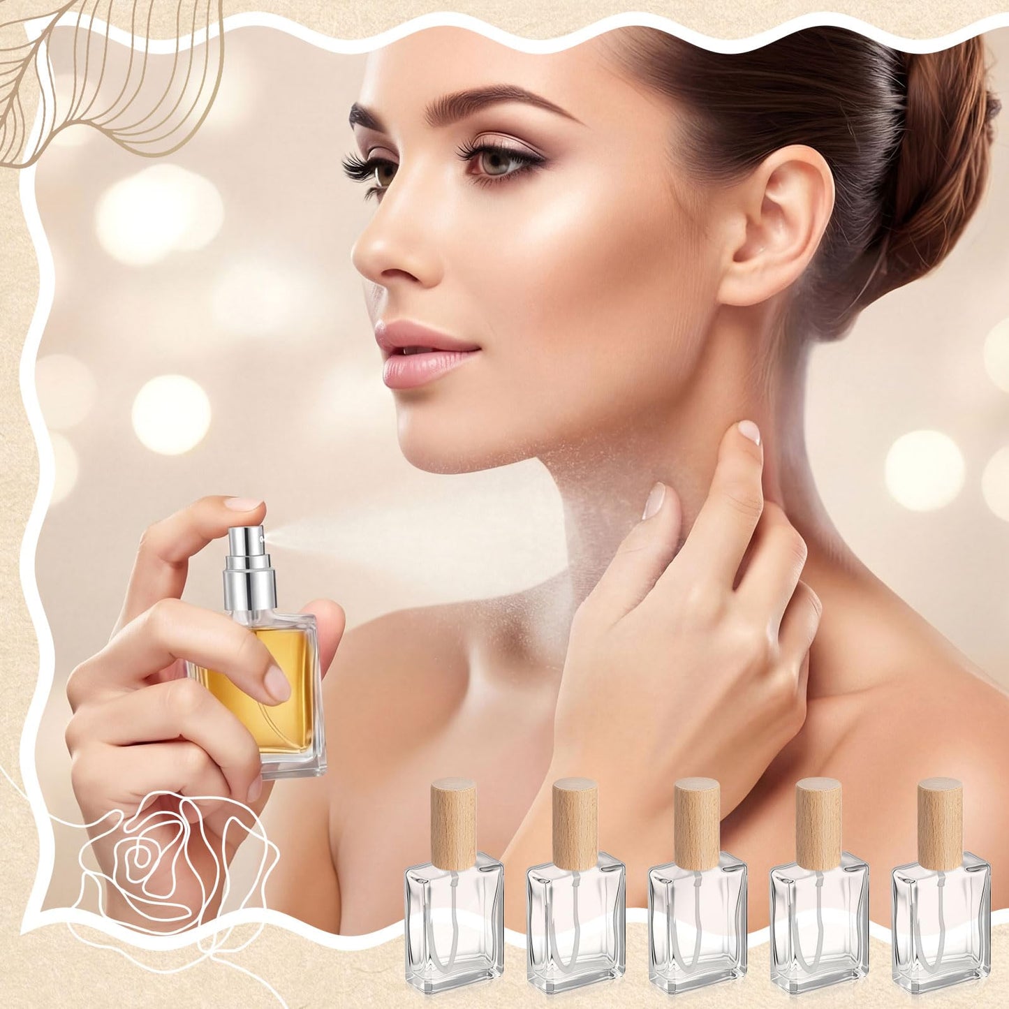 Domensi 30 Pcs 10/15/30/50 ml Glass Square Perfume Bottles Mini Glass Empty Spray Atomizer Bottles Bulk Refillable Perfume Dispenser Container with Pump Tool for Travel (15 ml,Light Woddy Color)