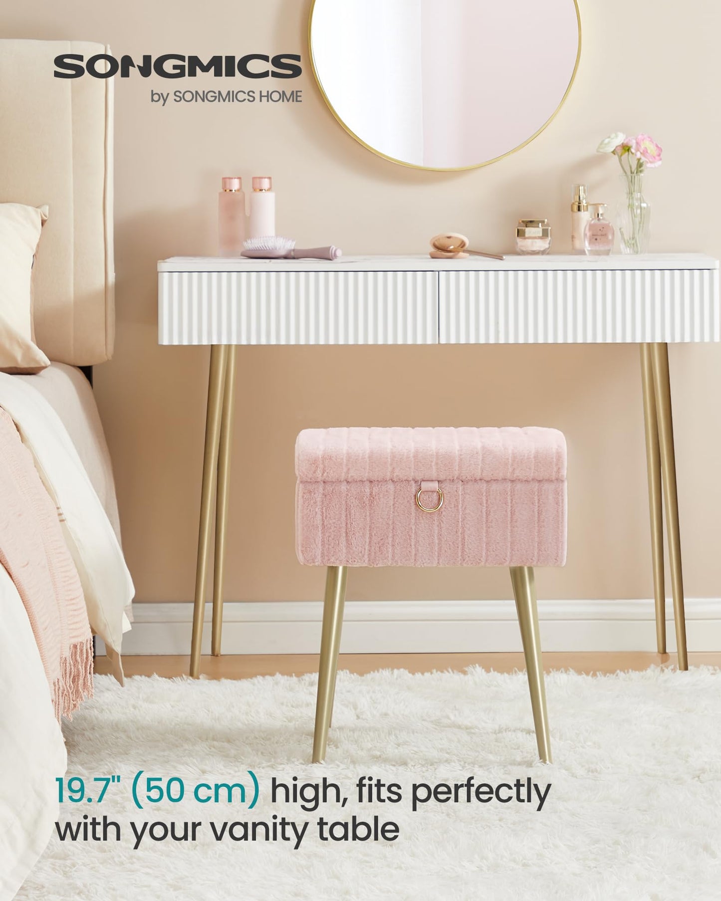 SONGMICS Vanity Stool Chair Faux Fur with Storage, Vanity Bench, Metal Legs, Adjustable Feet, for Living Room, Bedroom, Makeup Room, Jelly Pink ULOM505SZ02