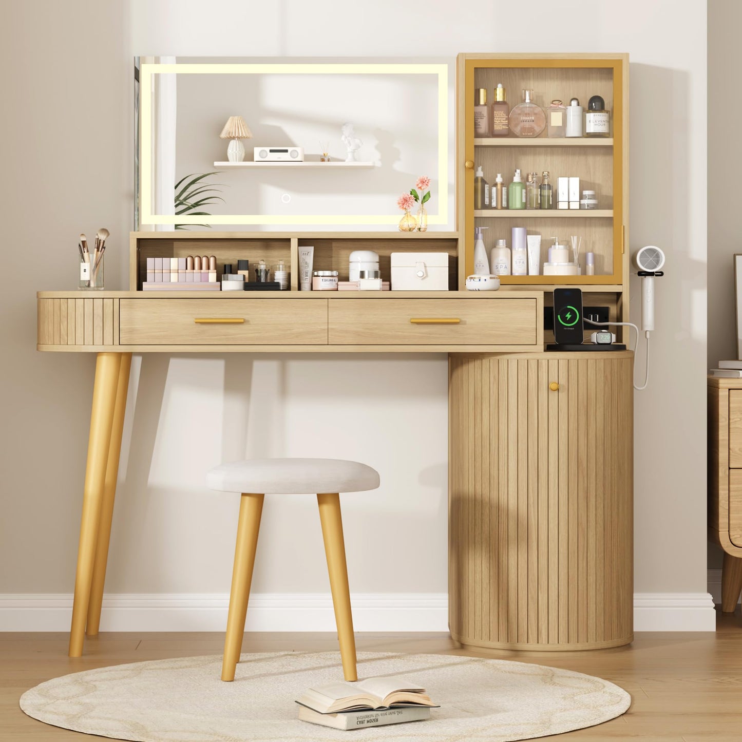 Garvee Vanity Desk with Light Mirror, 47.2 Inch Vanity Table with Stool and Charging Station, Modern Makeup Table with Drawer and Cabinet, Makeup Desk with Glass Door, Adjustable Shelf for Bedroom