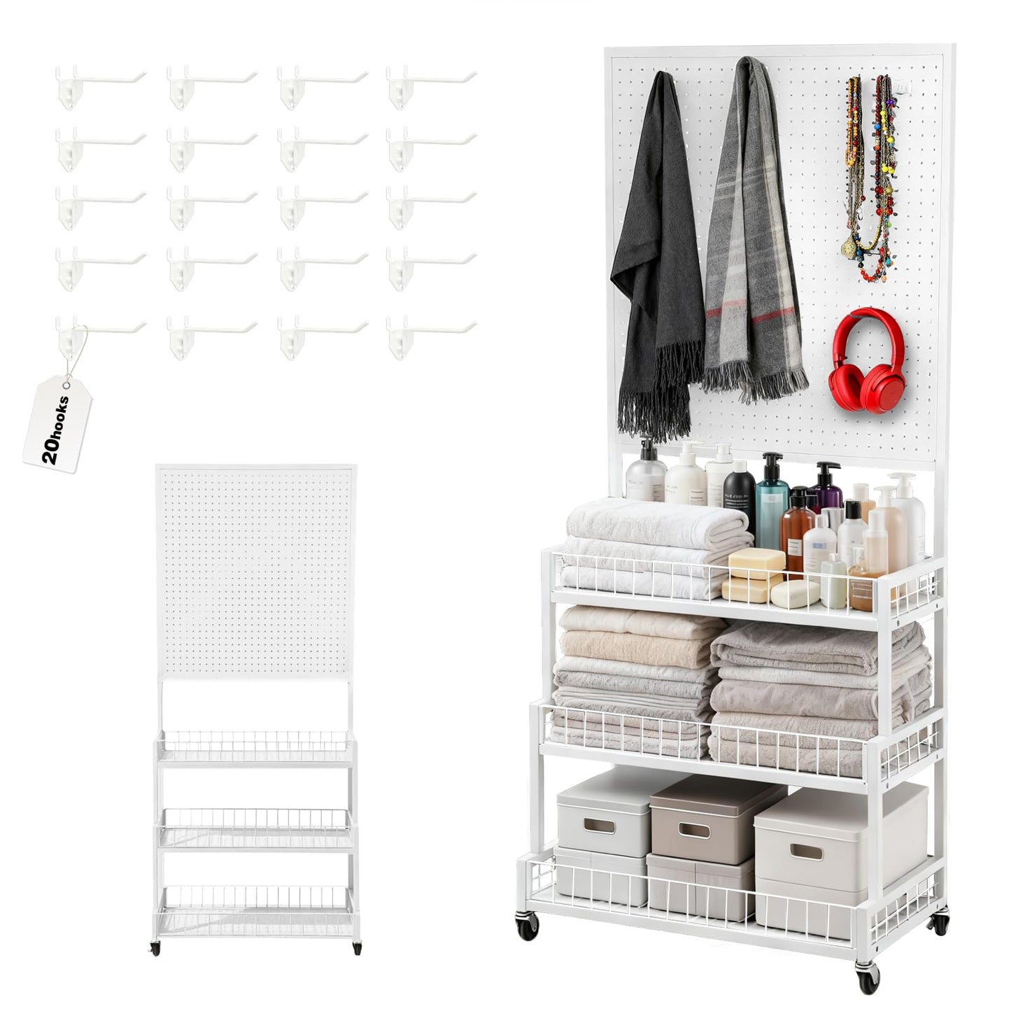 Eastern Tree 3 Tiers Metal Pegboard Display Stand with Pegboard Panel, Standing Pegboard Display Rack, Peg Board Panels, Art Display and Retail Display Stand with 20 Hooks - White