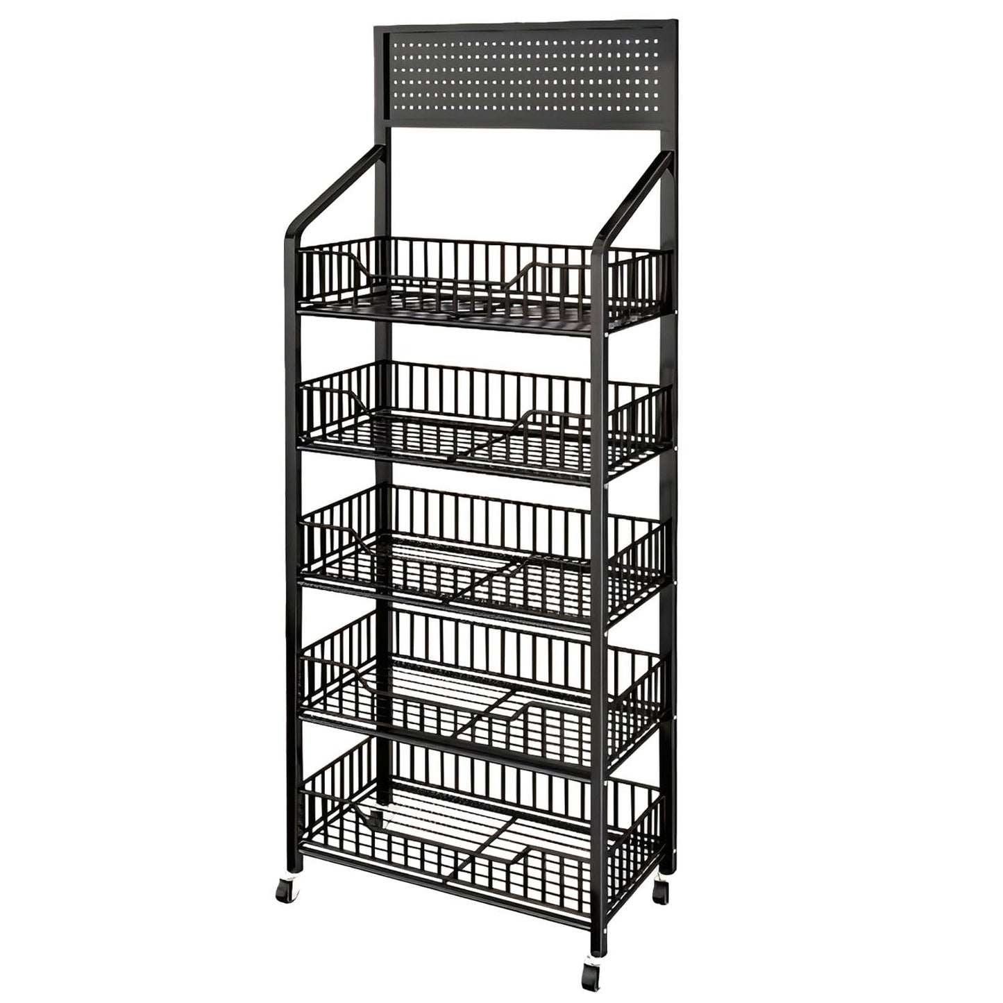Fivaz 5 Tier Supermaket Snack Rack Display Stand, Free-Standing Black Retail Display Shelves with 12 Hooks & 4 Wheels, Large Metal Snack Shelf for Store Business