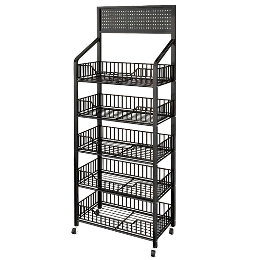 Fivaz 5 Tier Supermaket Snack Rack Display Stand, Free-Standing Black Retail Display Shelves with 12 Hooks & 4 Wheels, Large Metal Snack Shelf for Store Business