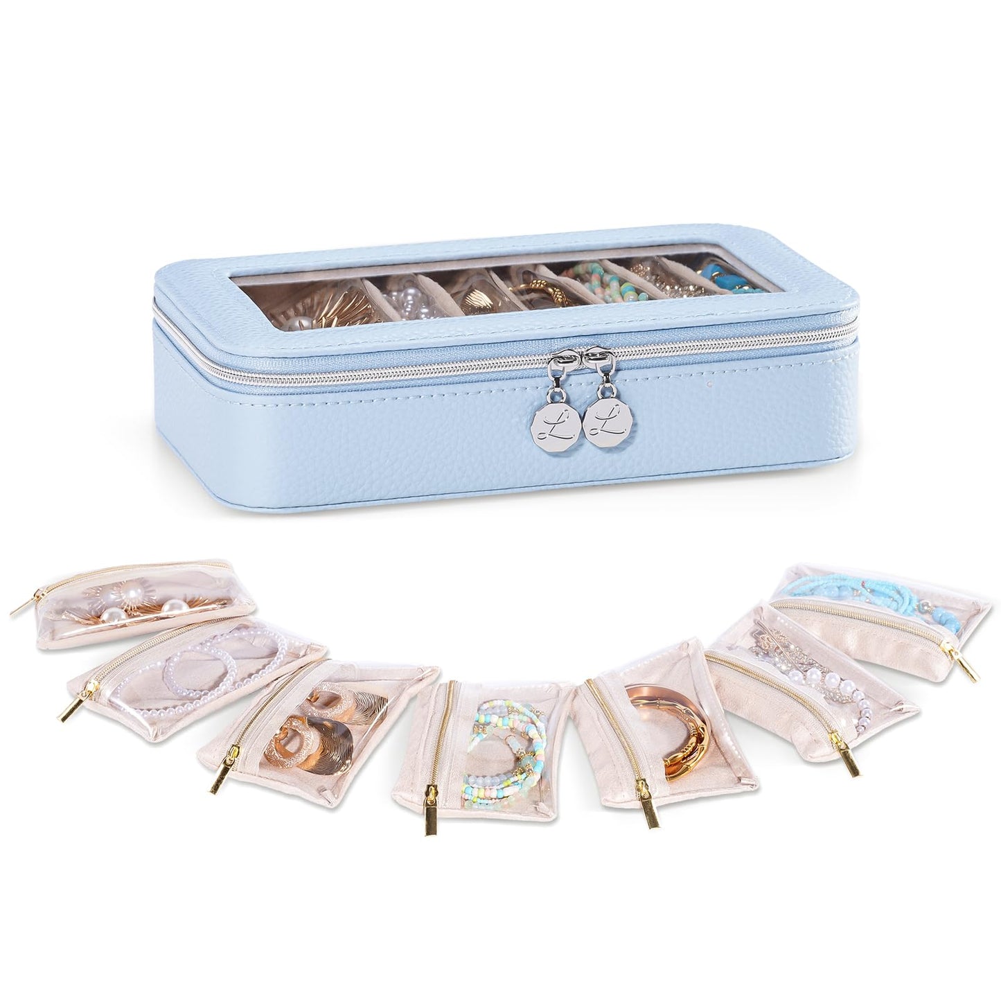 Lolalet 8 in 1 Travel Jewelry Case with Velvet Pouches, Clear Window Travel Jewelry Organizer Bags for Earrings, Bracelets, Necklaces and Rings, Compact Jewelry Storage for Women Girls -Blue, 7PCS