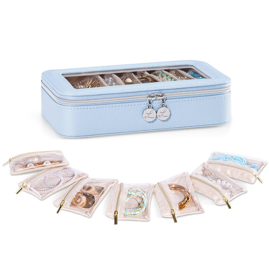 Lolalet 8 in 1 Travel Jewelry Case with Velvet Pouches, Clear Window Travel Jewelry Organizer Bags for Earrings, Bracelets, Necklaces and Rings, Compact Jewelry Storage for Women Girls -Blue, 7PCS