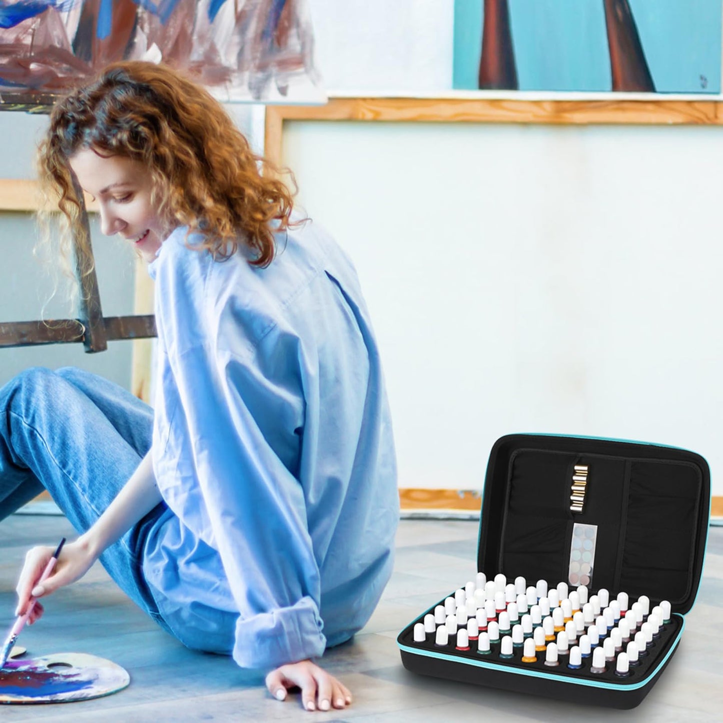 ELLDOO Alcohol Ink Storage Carry Case, Fits up to 70 Bottles, Alcohol Ink Case Miniature Paint Carry Organizer for Ink and Paints with Foam Insert and Inner Storage Pocket, Blue (Ink not Included)