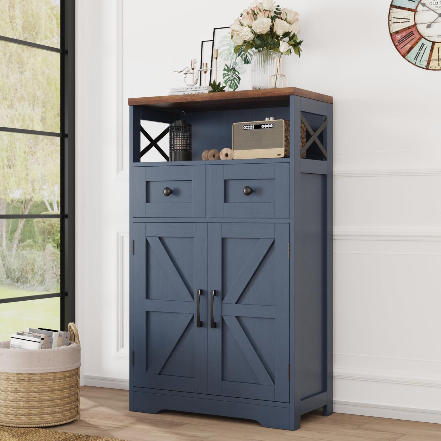 Befrases Farmhouse Blue Storage Cabinet with Barn Doors and Drawers, Small Freestanding Kitchen Pantry Cabinet, Hutch Cupboard for Kitchen, Laundry, Living Room,Bathroom