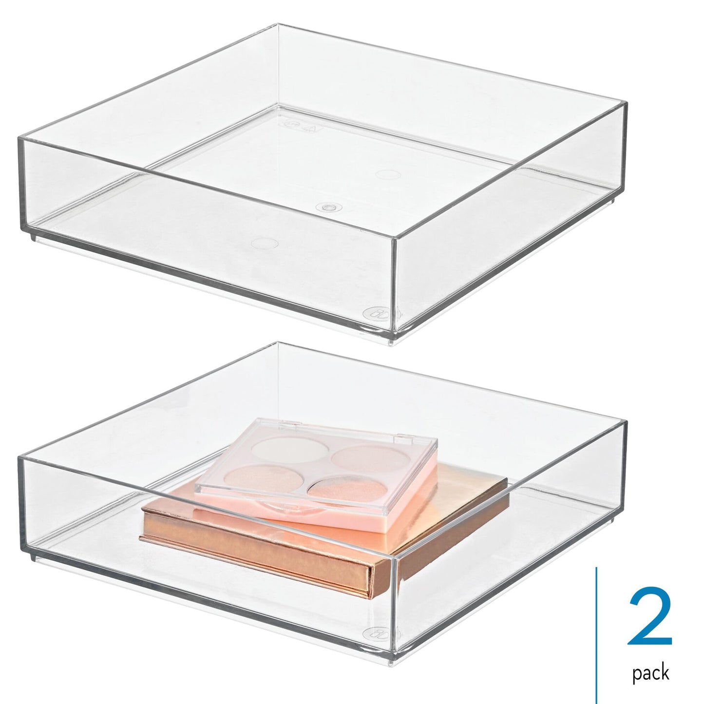 iDesign Plastic Makeup Drawer Organizer Tray - Vanity Organizer or Desk Drawer Organizer - Set of 2 - Clear