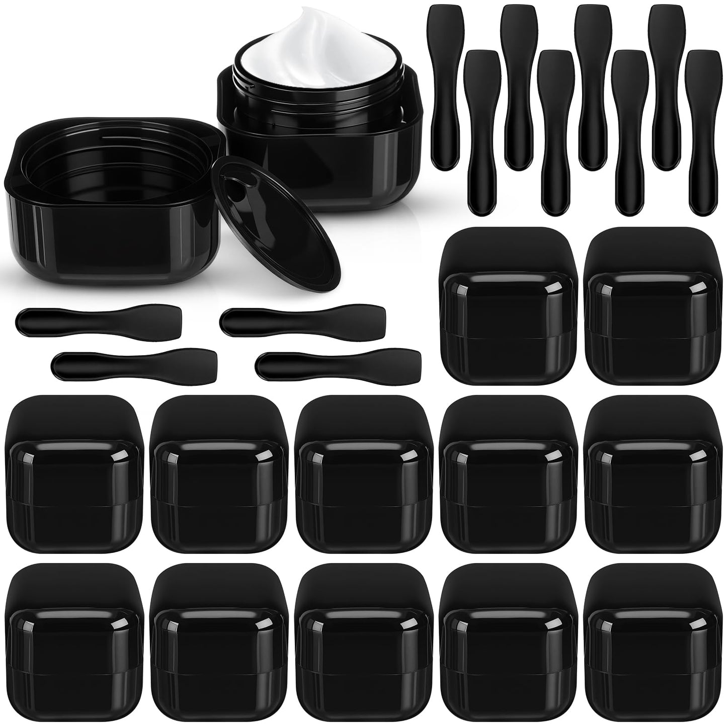 Meanplan 12 Pack Black Travel Jar Containers, 1oz Black Cosmetic Containers with Lids & Spatulas, Lotion Jars Leak-proof with Inner Liners, Portable Makeup Sample Pots for Creams, Lotions, Ointments
