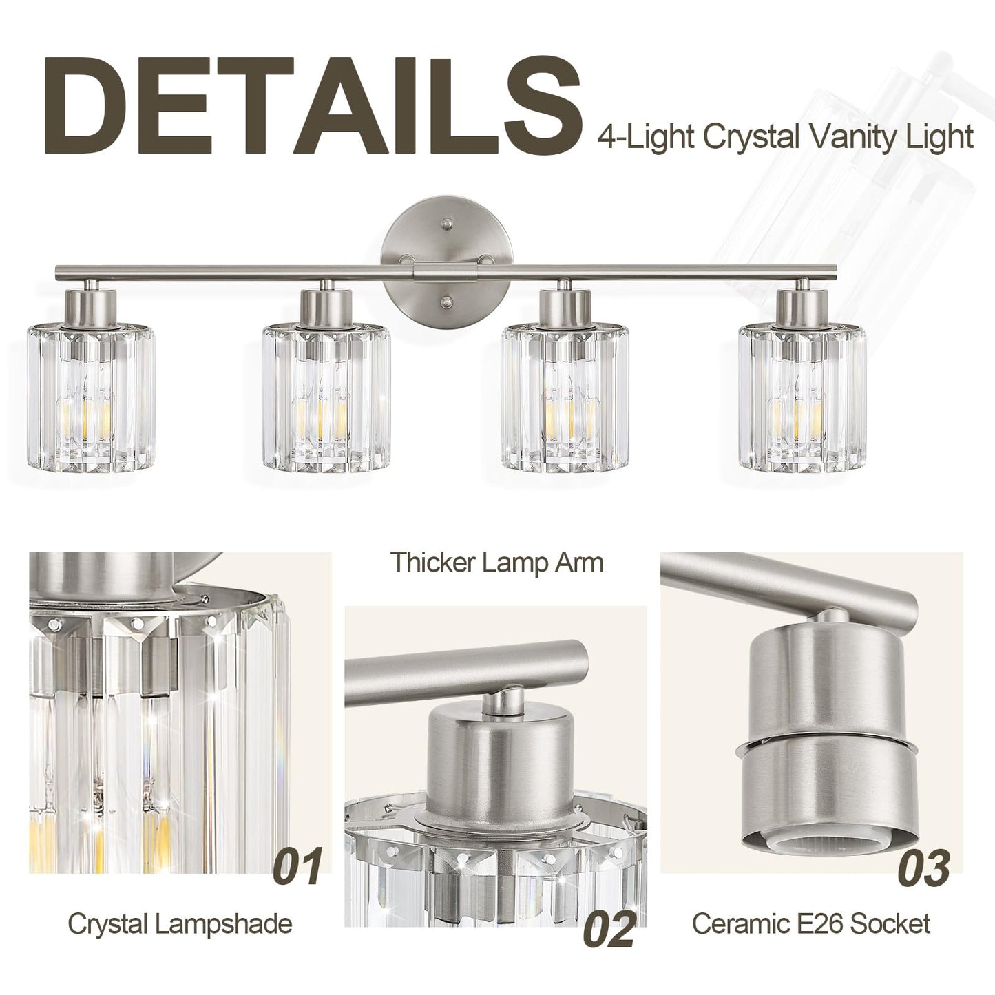 Kvhiiw Crystal Bathroom Light Fixtures, Bathroom Lighting Fixtures Over Mirror, Modern 4-Light Brushed Nickel Vanity Lights for Mirror, Restroom, Kitchen(Ceramic E26 Socket,Bulbs Not Include)