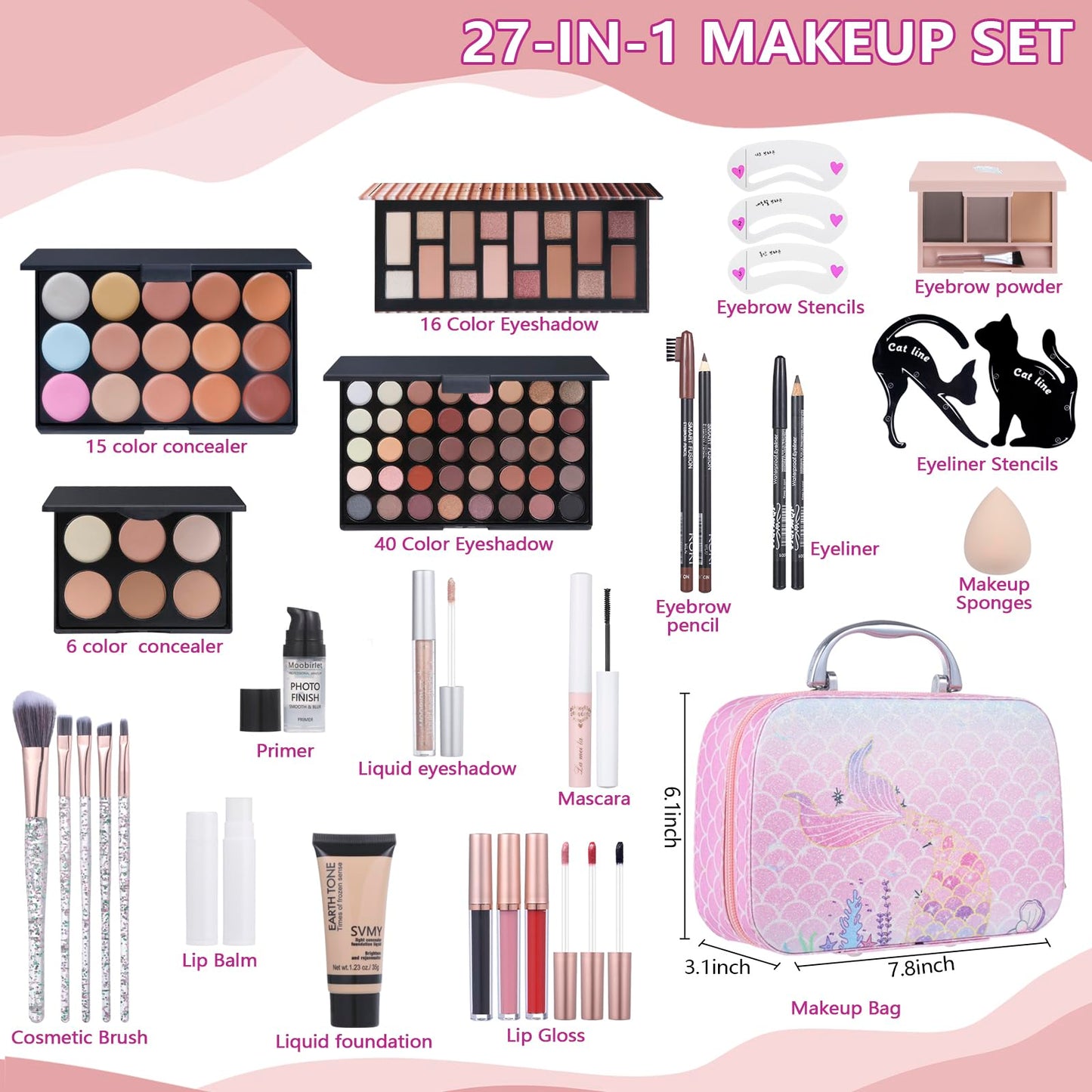 Travel Makeup Kit, Makeup Set For Teen Girls, Make up Gift Set For Women with Makeup Box, Eyeshadow Palettes, Foundation, Concealer, brushes set (Colors 29)