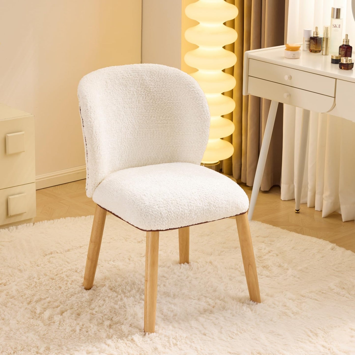 VINGLI Chenille Curved-Back Armless No Wheels Vanity Chair for Girls, Cute & Furry Upholstered Desk Chair with Solid Wood Legs for Study/Makeup/Bedroom/Dressing, Fluffy Makeup Chair for Teens, White
