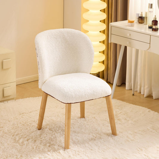 VINGLI Chenille Curved-Back Armless No Wheels Vanity Chair for Girls, Cute & Furry Upholstered Desk Chair with Solid Wood Legs for Study/Makeup/Bedroom/Dressing, Fluffy Makeup Chair for Teens, White