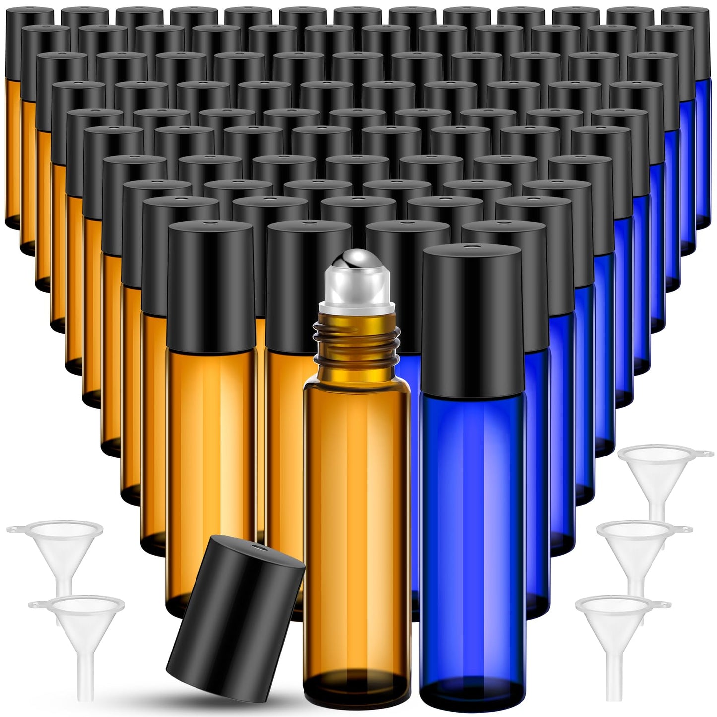 SEEWEY 96 Pcs Essential Oil Roller Bottles 10ml Empty Glass Roller Bottles with Stainless Steel Balls Protection Leakproof with 5 Funnel for Travel Perfume Lip Gloss(Amber, Blue)