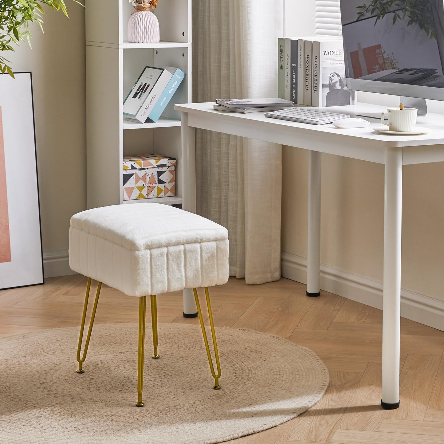 IBUYKE Vanity Chair with Storage Space, Footrest Ottoman, Small Side Table, Vanity Stool for Makeup Room, Bedroom, with Anti-Slip Feet, Faux Fur, White LG-50W