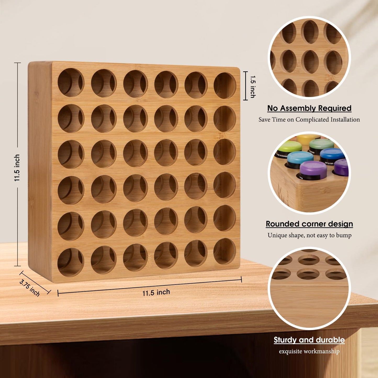 TIKSPCAE Bamboo Craft Paint Storage Organizer,36-Hole Vertical Paint Rack Stand for 2oz Craft & Acrylic Paints,Stackable Modular Storage Solution for Home, Classroom, and Office
