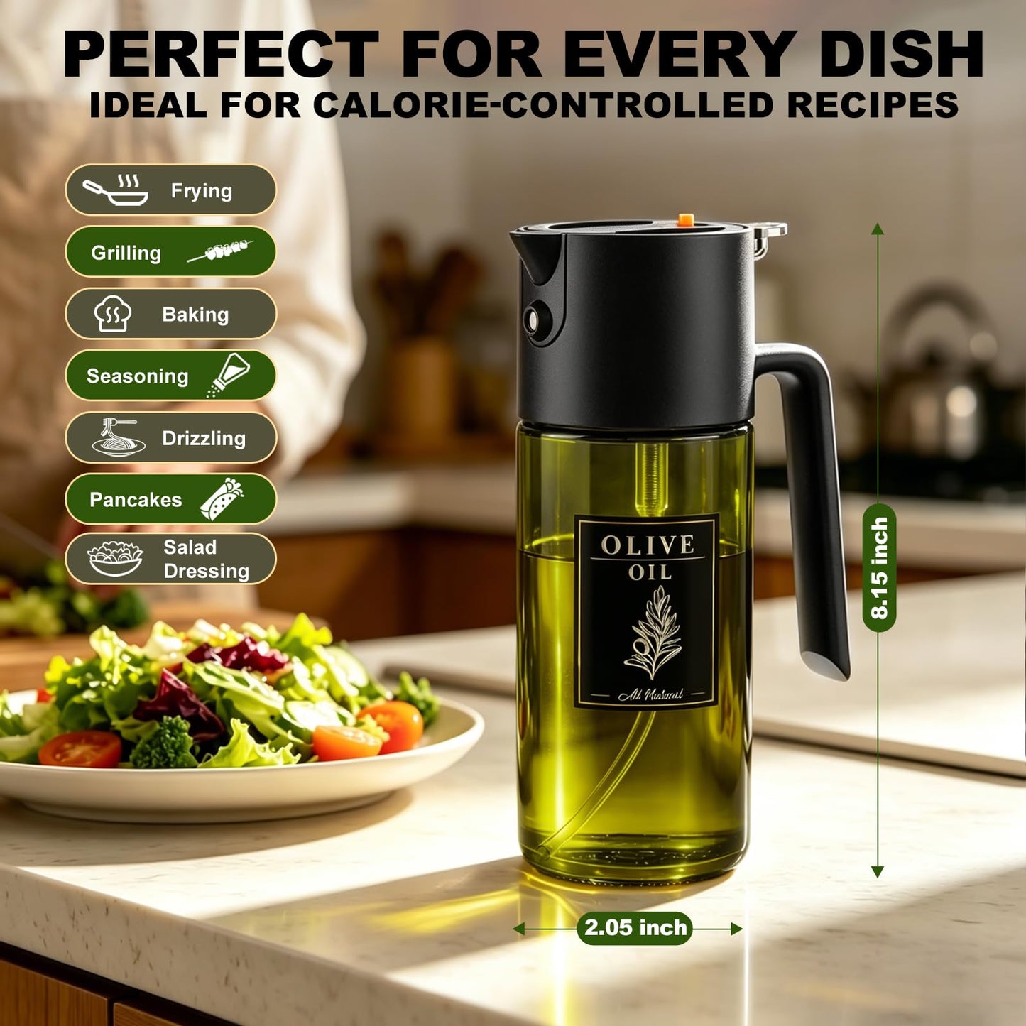 Gelibo 2-IN-1 Oil Sprayer for Cooking, 500ML Light-Blocking Glass Oil Dispenser for Kitchen, Olive Oil Spray Bottle with Leak-Proof,Cooking Spray with Portion Control for BBQ, Air Fryer, Salad - Black
