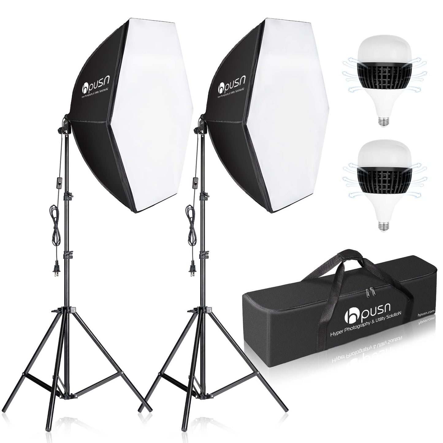 HPUSN Softbox Photography Lighting Kit, 30"X30" Softbox Lighting Kit, 2pcs E27 Socket 5400K LED Bulb, Photo Studio Light for Portrait Lighting, Photography/Video Recording/Live Streaming/YouTube