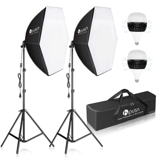 HPUSN Softbox Photography Lighting Kit, 30"X30" Softbox Lighting Kit, 2pcs E27 Socket 5400K LED Bulb, Photo Studio Light for Portrait Lighting, Photography/Video Recording/Live Streaming/YouTube