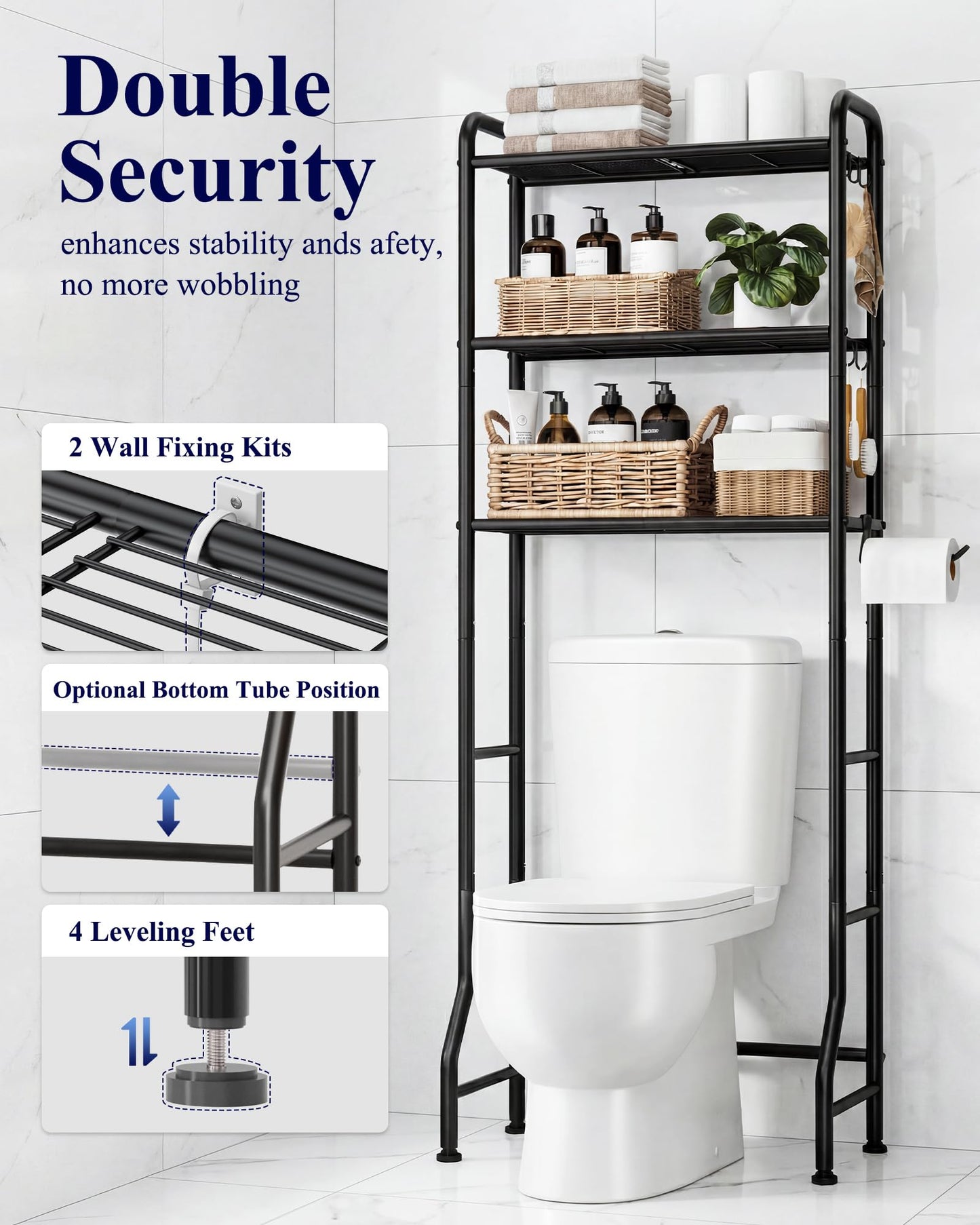 Kitsure Over Toilet Storage Rack - Metal Over Toilet Bathroom Organizer Shelf, Over the Toilet Storage Cabinet with Paper Holder and Hooks, Bathroom Cabinet for Laundry, Black, 3 Tiers (63.2" H)