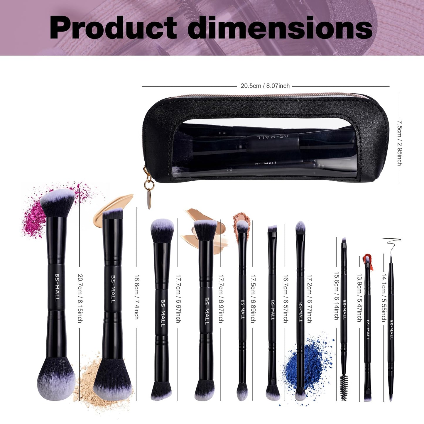BS-MALL Double-ended Makeup Brush Set With Concealer Brush & Foundation Brush, Eyeshadow Brush- Travel-friendly Multi-purpose Brushes In Makeup Bag For Daily Use (10 PCS Black)