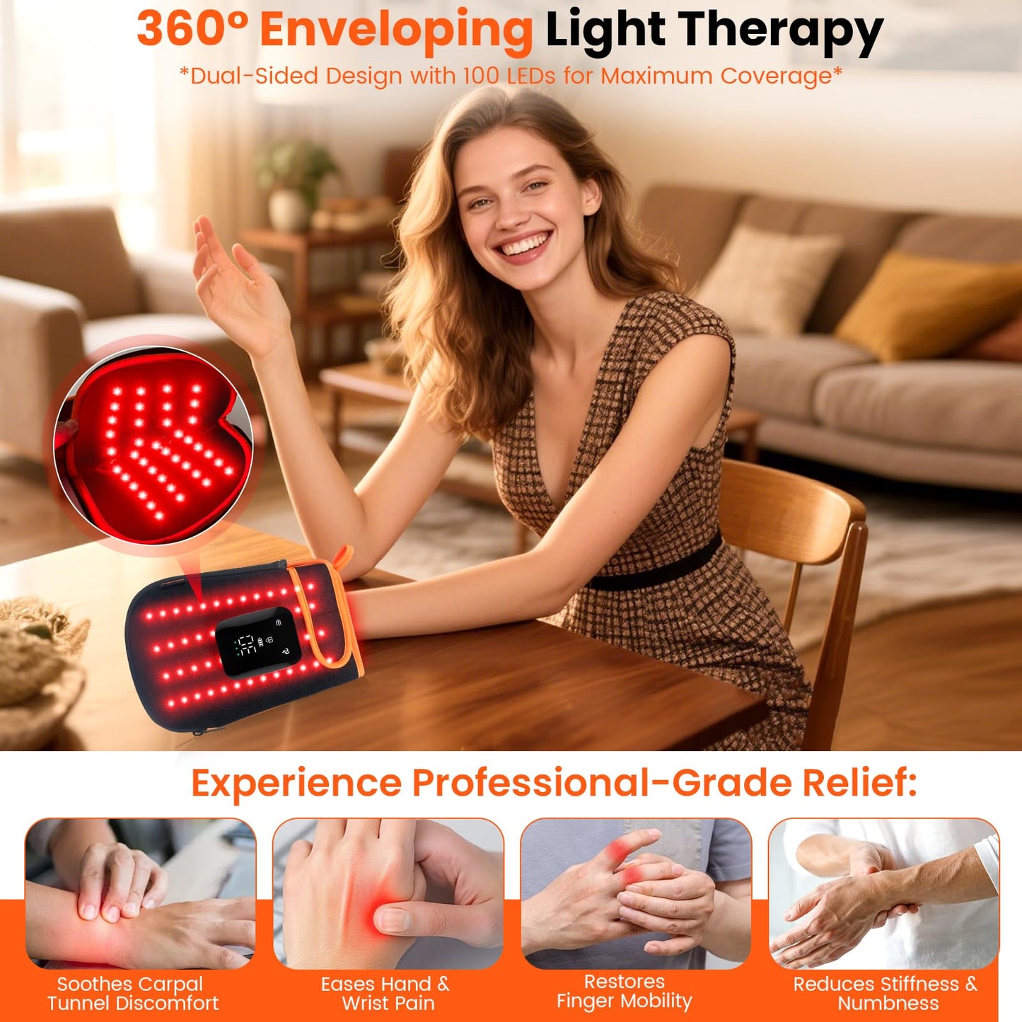 Red Light Therapy Gloves for Hands, 100LEDs Red & Near-Infrared, Dual Wavelength 660nm & 850nm, 5 Modes, Wireless, Rechargeable 5000mAh Battery, for Hand & Wrist Treatment （Orange）