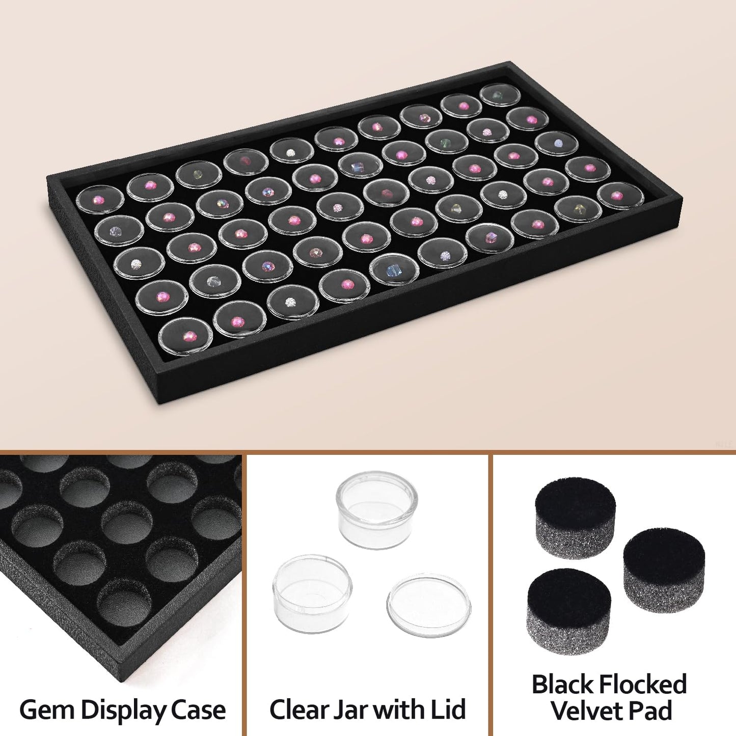 Ikee Design Black Foam Gem Jars Showcase Stackable Display Tray for Collectibles, Home Organization Storage Box with 50 Gemstones and Bead Storage Jars