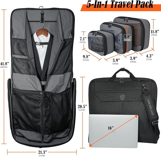 WELKINLAND 3-Suits Garment Bags for Travel W/ 4-Pack Compression Packing Cubes, 30L-Large Carry On Garment Bag for Travel, 15-Pockets Suit Holder Travel Bag, Wrinkle-Free Suit Garment Bag for Men