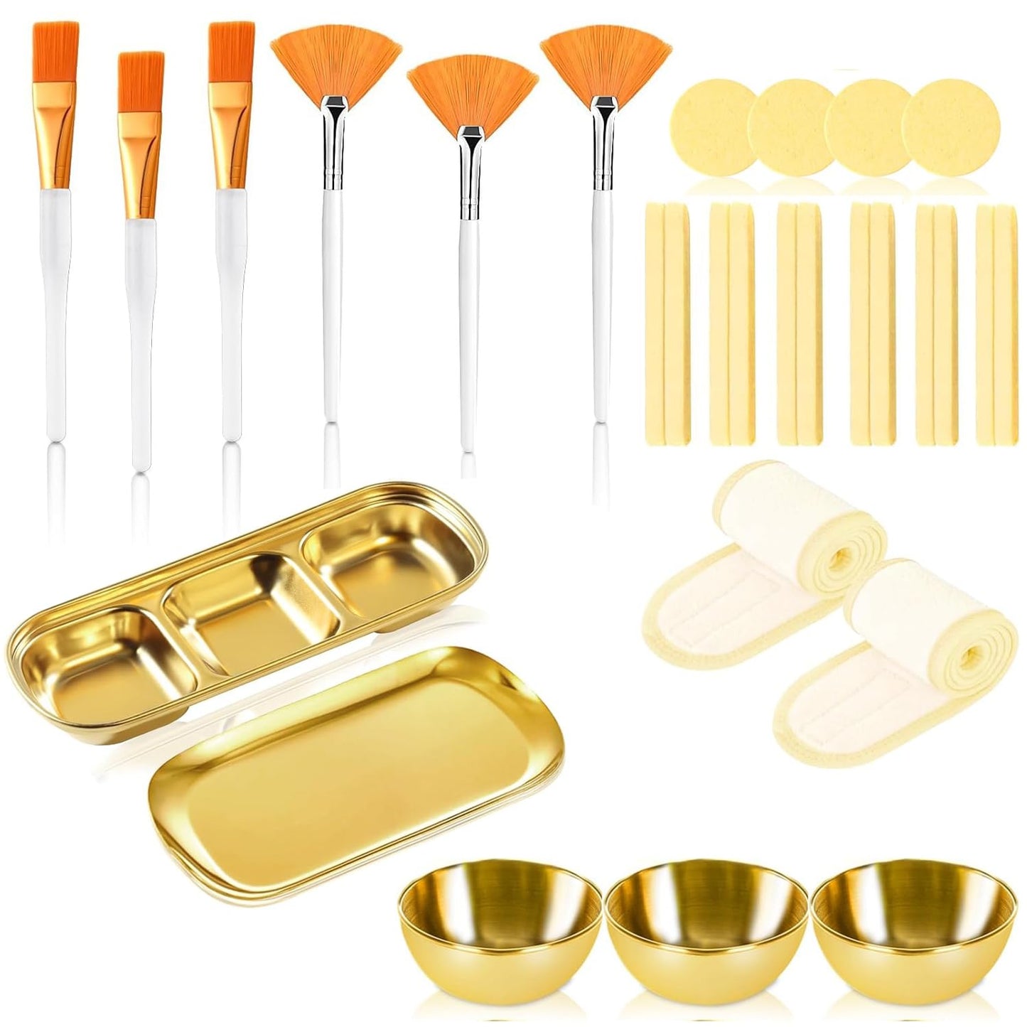 25 Pcs Esthetician Facial Supplies Set Stainless Steel Gold Mixing Bowls Silicone Brush,Fan Brushes Skincare Tray Serving Tray Compressed Sponges Spa Headbands for Women Mask Spa Body Skincare (Gold)