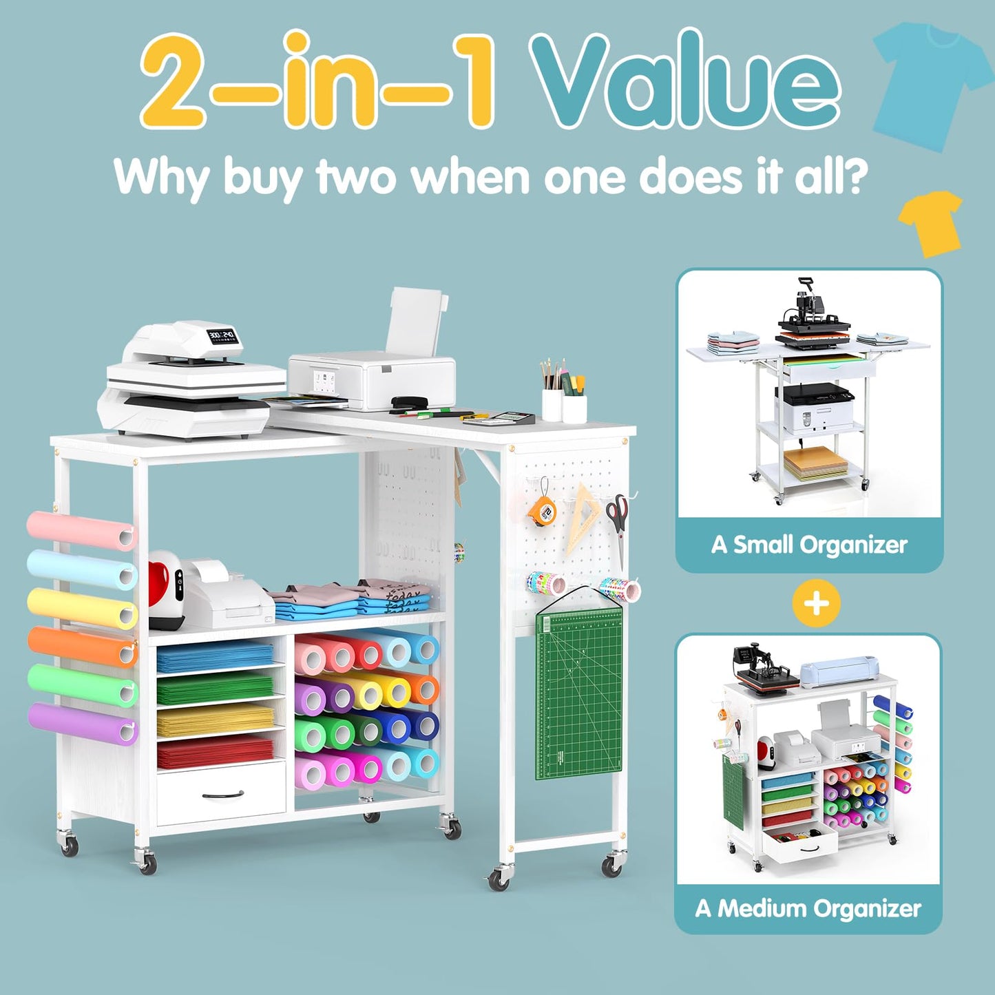 MASHELLY 360 Rotating Craft Cart with 26 Vinyl Rolls Storage & Side Pegboards | Mobile Rolling Workstation for Heat Press, Compatible with Cricut Machines | Locking Brakes for Craft Room Home Office