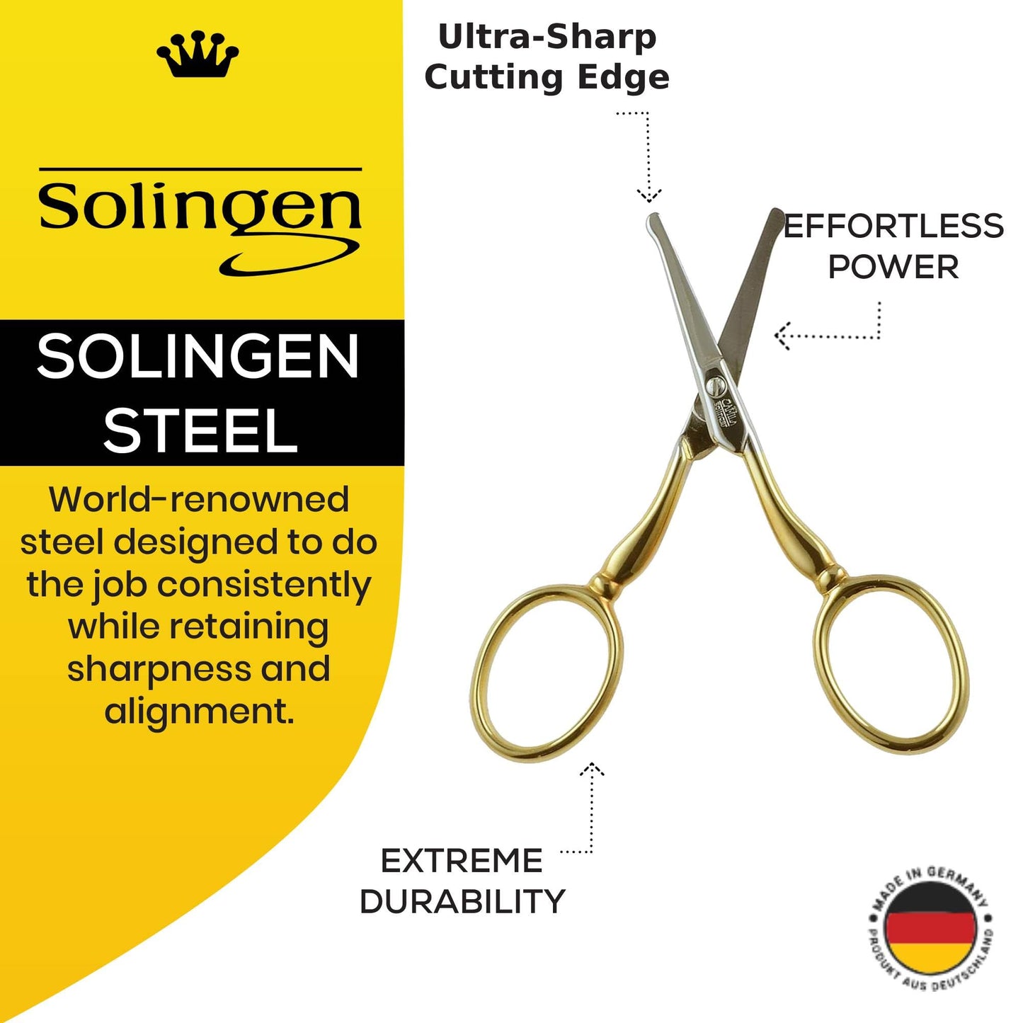 Camila Solingen CS06 Professional Hypoallergenic Gold Plated Rounded Safety Tip Scissors for Facial, Body & Nostril Hair. for Men Women & Kids. Made of Durable Carbon Steel in Solingen, Germany