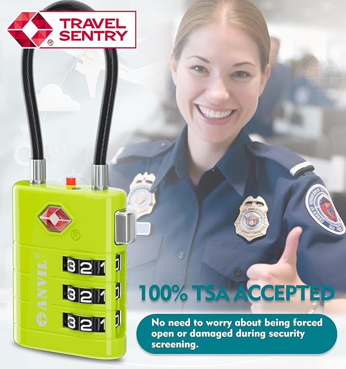 ANVIL TSA Approved Luggage Locks – High Security TSA008 Combination Travel Locks with Inspection Indicator for Suitcases and Backpacks. (3, 3 Colors)