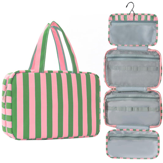 Apxouans Toiletry Bag for Women Travel Water-resistant Cosmetic Bag Fashion Stripes Makeup Bag with Hanging Hook Preppy for Store Toiletries Cosmetic Accessories Medium Green