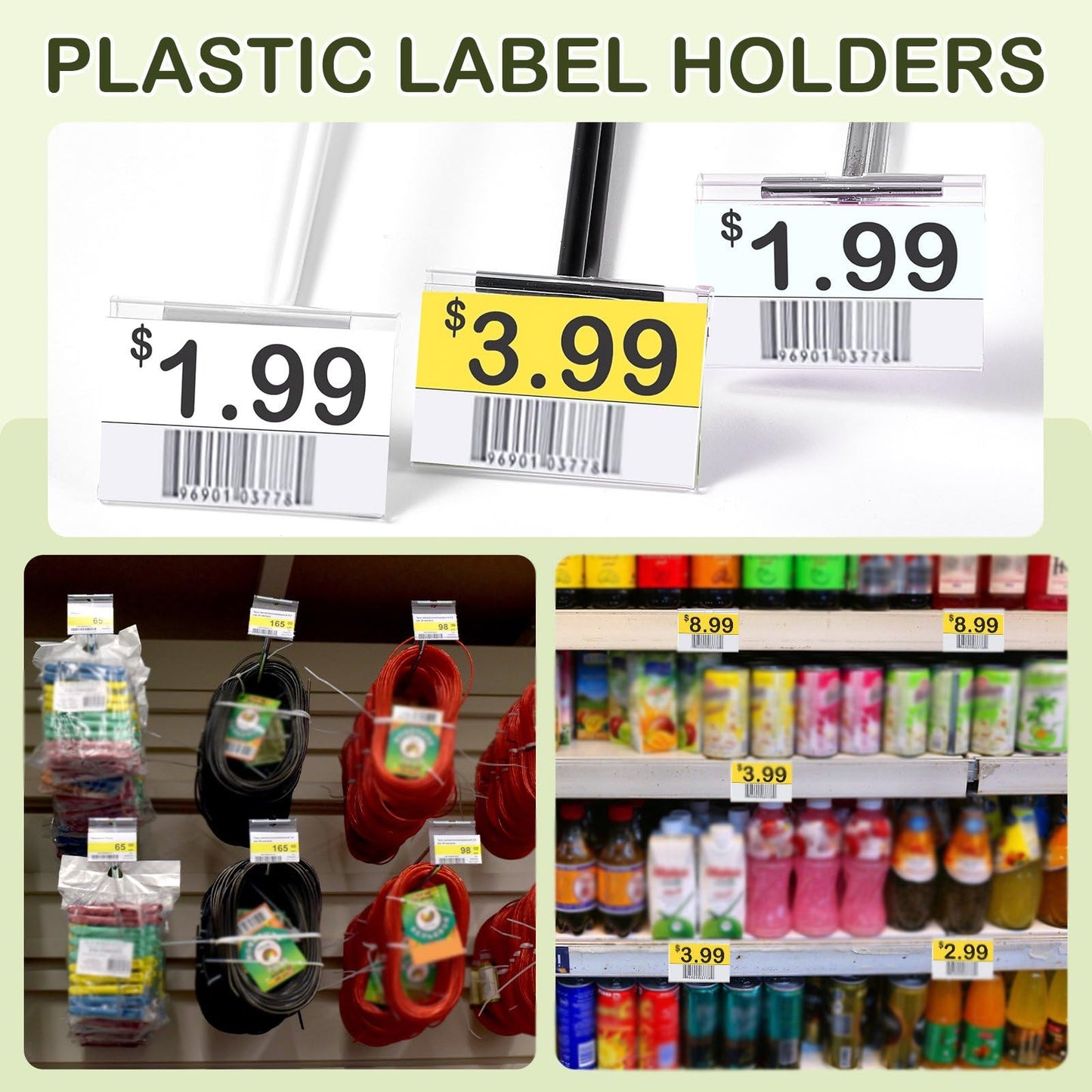 Tatuo 300 Pcs Reusable Plastic Wire Shelf Label Holders, Price Card Sign for Pantry Retail Supermarket Merchandise Shopping Mall Shop Ticket Display Holder Clip on Design, 2.36" L x 1.65" H (Clear)