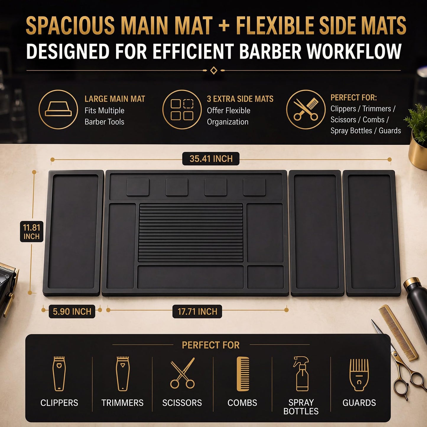 Novabright 4 Pcs Magnetic Barber Mat for Clippers Black Barber Tool Organizer Mat for Clippers and Salon Tools Heat Resistant Silicone Beauty Salon Table Mats Non-slip Barbershop Accessories