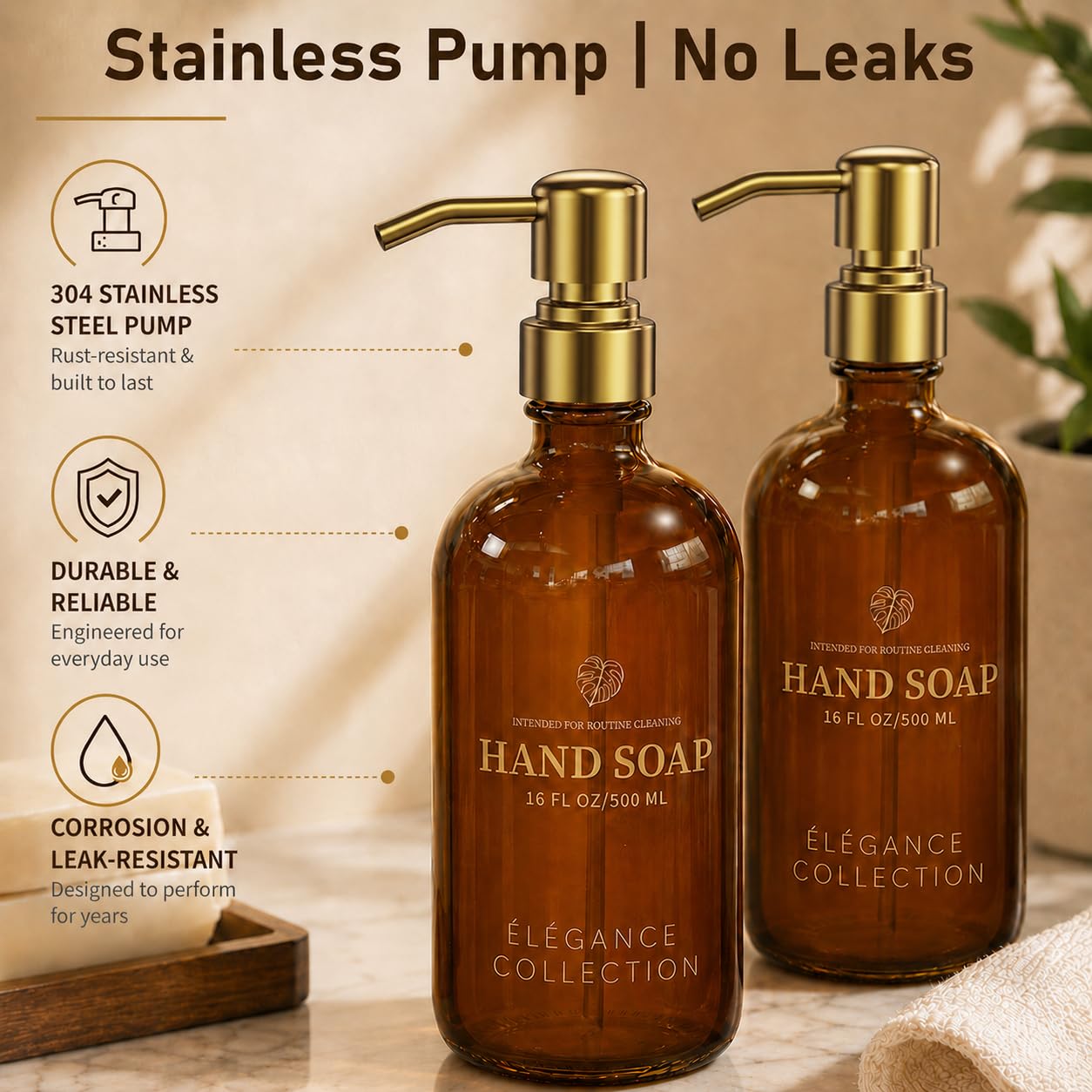 Fachixy Amber Glass Soap Dispenser (2 Pack), 16 Fl Oz Hand & Dish Soap Dispenser Bottles Set with Rust-Resistant Stainless Steel Pump, Non-Slip Pad, 14 Waterproof Labels for Kitchen and Bathroom