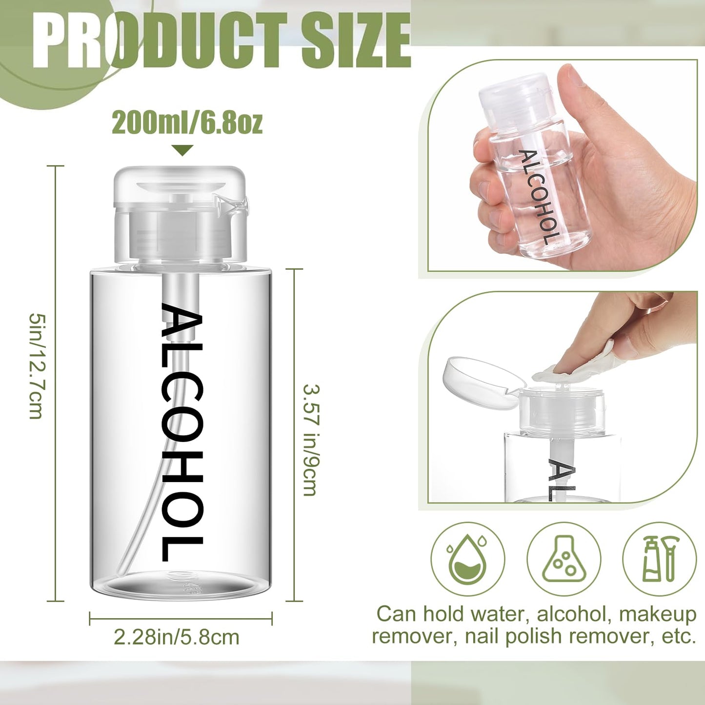 Layhit 3 Pcs 6.7oz/200ml Alcohol Pump Dispenser Bottle Alcohol Push Down Liquid Dispenser Empty Pumping Bottle Refillable Cosmetic Container for Personal, Salon, Nail Care, Hospital Use