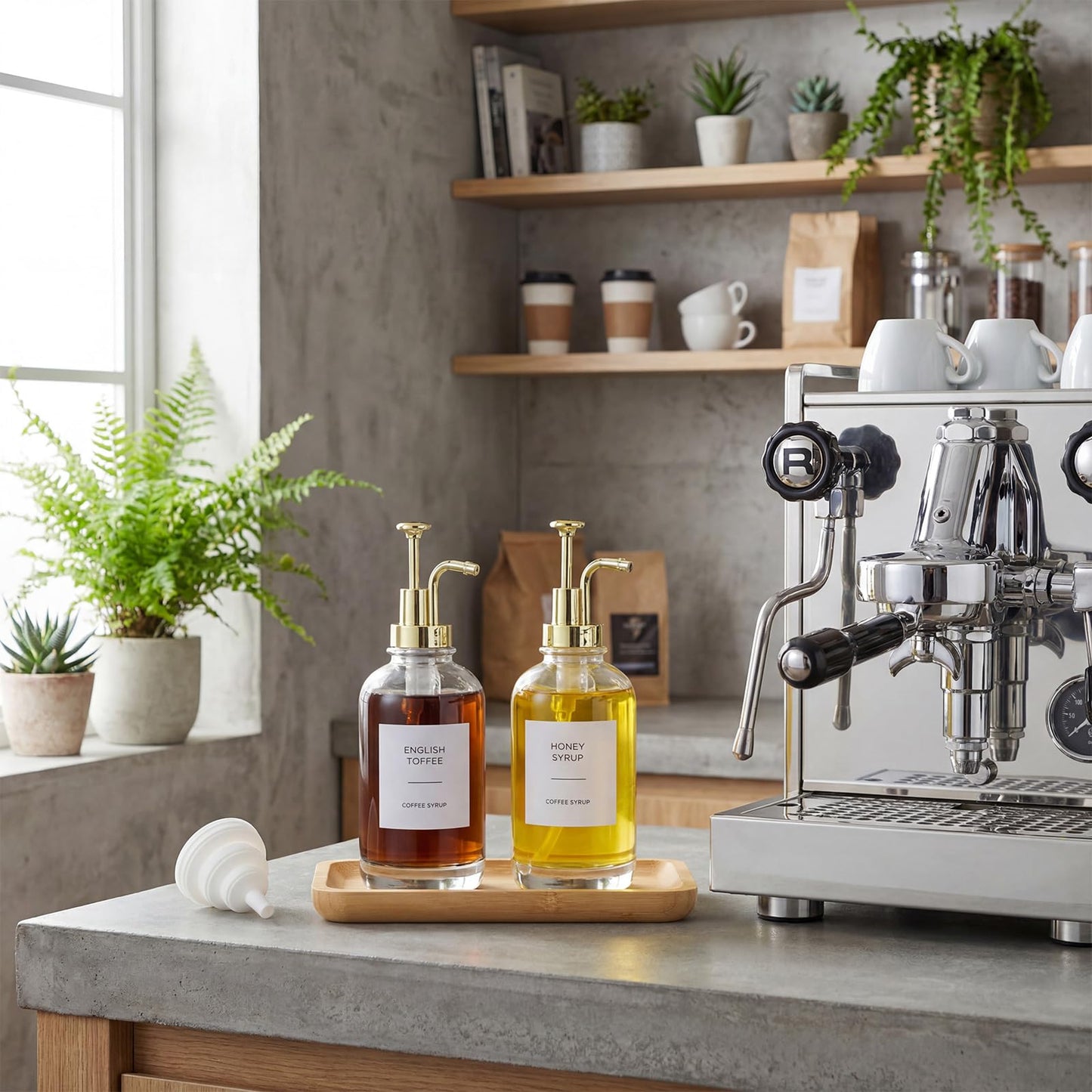 Domensi Syrup Dispenser for Coffee Bars, 2 Pack 16.9 oz Glass Syrup Bottle Pump Dispensers with Rectangle Bamboo Tray and 36 Labels for Organizing and Decor Display