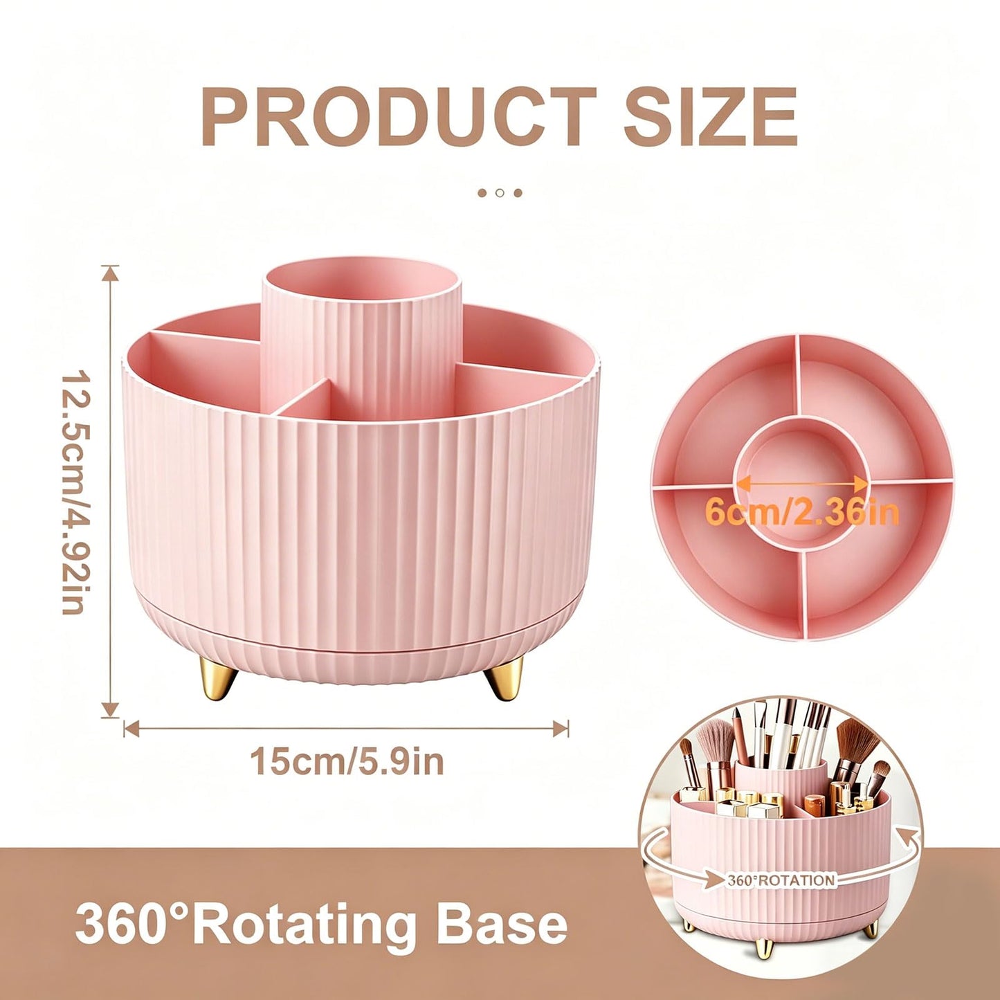 HJUHBDJ 360°Rotating Makeup Brush Holder Organizer, Pink Countertop Cosmetic Display Case, Spinning Skincare Storage Carousel for Vanity, Desktop & Bathroom