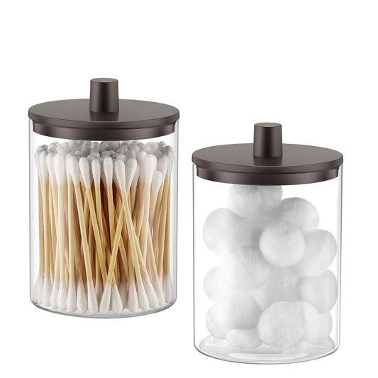 TIPGO Glass Qtip Holder Dispenser for Bathroom - 10 oz Clear Canister Apothecary Jar for Cotton Swabs, Balls, Pads, Floss Picks, Small Containers for Makeup Storage Organizer (2 Pack, Brown)