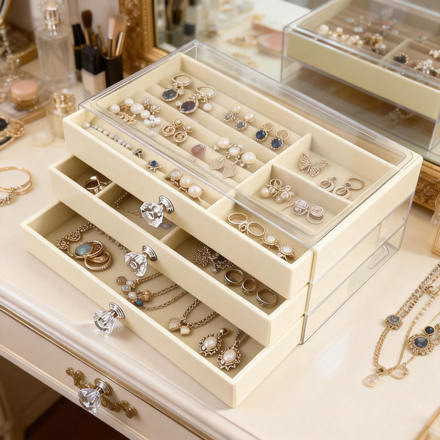 Jemjosh Clear Acrylic Velvet Jewelry Organizer with 3 Drawers, Stackable Display Storage Earrings Necklace Rings Bracelets Box Holder Case for Women, Beige