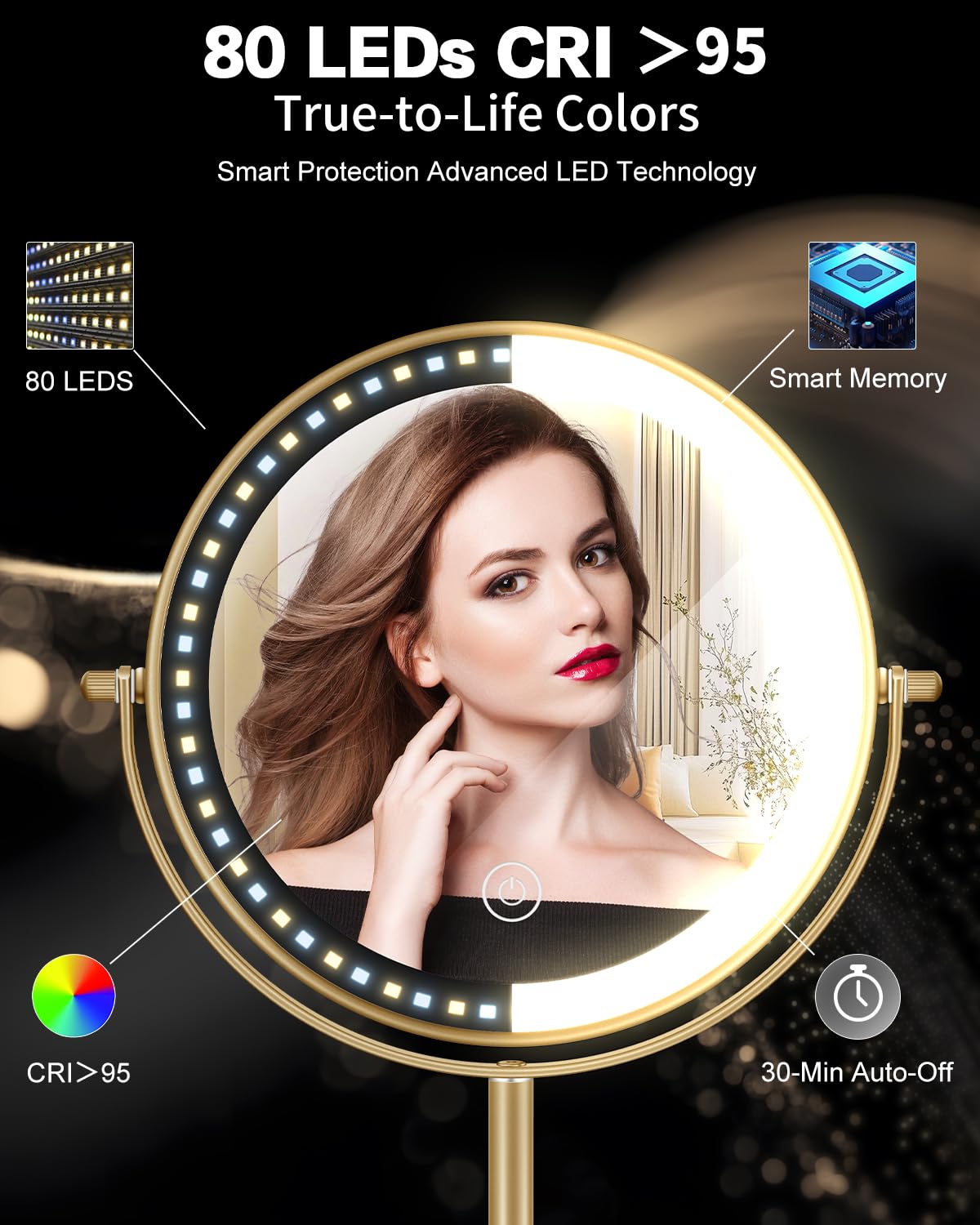 VFD 30X/1X Makeup Mirror with Lights, Height Adjustable Lighted Magnifying Vanity Mirror with 3 Lighting and Adjustable Brightness, 3000mAh Rechargeable Double Sided