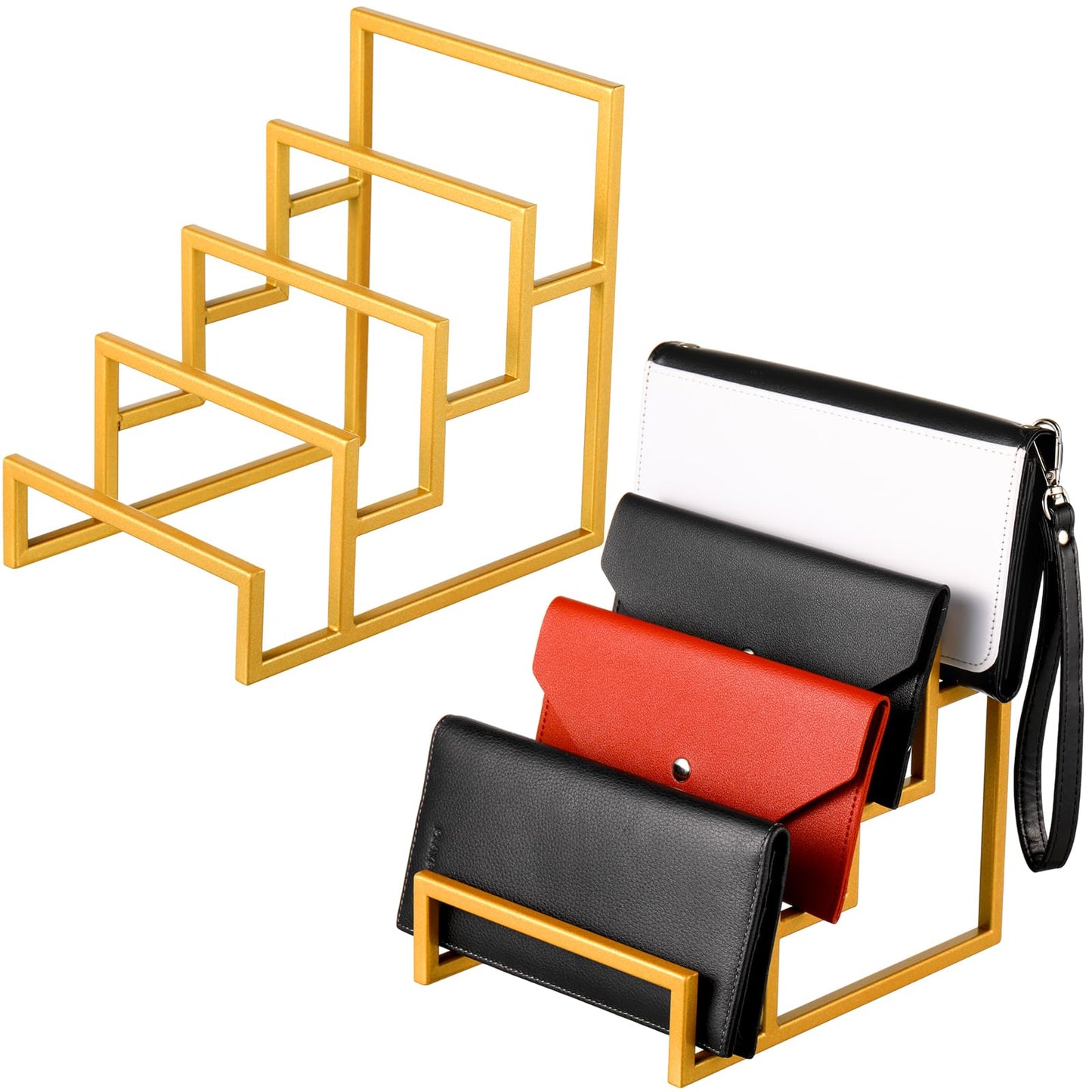 DoubleFill 2 Pack Purse Organizer for Closet Display 4 Layer Gold Riser Stand Clutch Purse Organizer Display Metal Wallet Rack for Handbag Home Retail Boutique Store Supplies