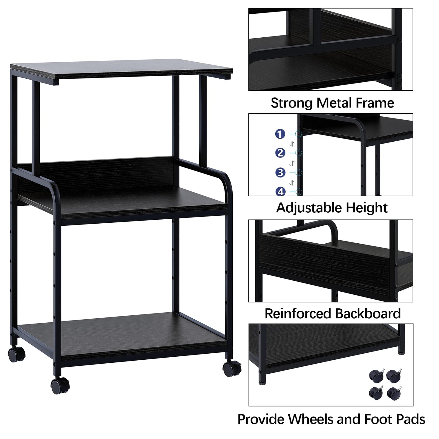 Arbuxzuy Printer Stand with Storage Shelf,3 Tier Printer Cart with Wheels,Mobile Printer Table for Home Office,Stands for Heat Press Scanner Fax,Industrial Style (Black)