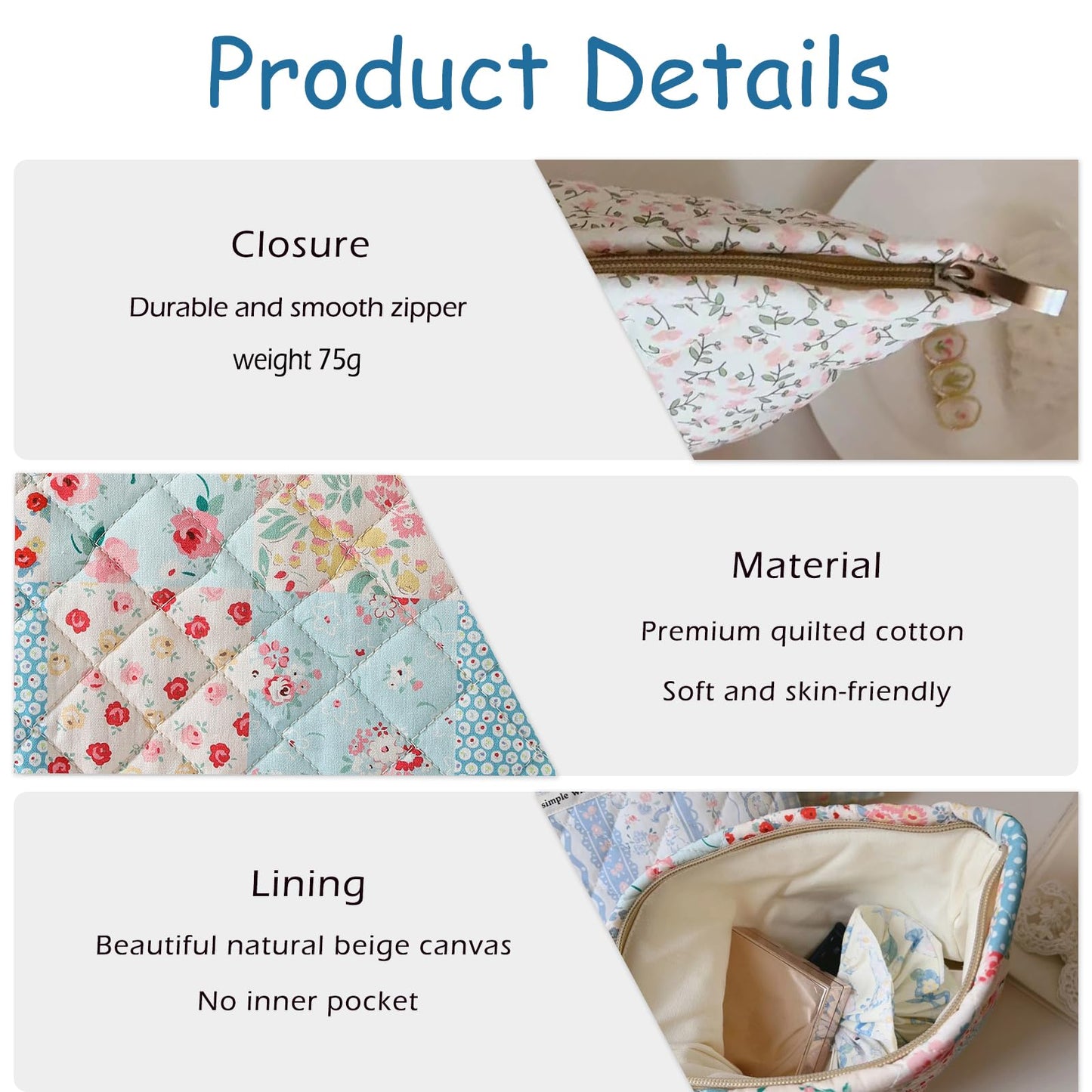 uekeboag Quilted Floral Cotton Makeup Pouch,Coquette Quilted Cosmetic Bag for Women and Girls, Aesthetic Organizer Bag, Flower Cute Travel Toiletry Bags(Checker Red Flower)