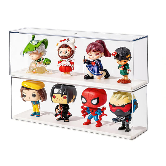 HONTUU 2 Pack Clear Acrylic Figures Display Case Stackable Box with Base, Dustproof Protector for Anime Figurine, Collectibles, Funko Pop, Model Cars - Home Office Display Showcase