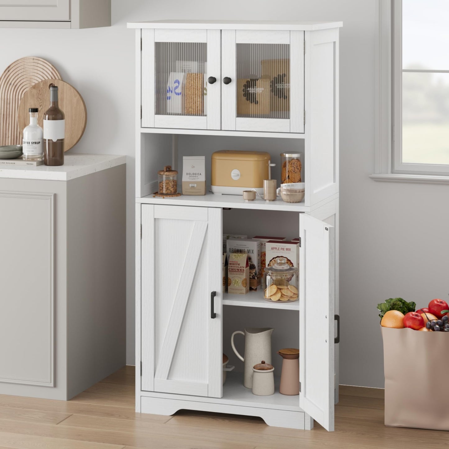 IDEALHOUSE 50" Tall Bathroom Cabinet, Freestanding Bathroom Storage Cabinet with 4 Doors and Adjustable Shelves, Cupboard Modern Storage Cabinet for Kitchen, Pantry, Living Room, White