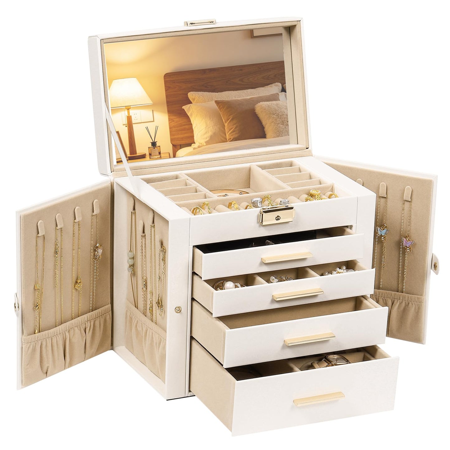 RoseGem Synthetic Leather Huge Jewelry Box Mirrored Watch Organizer Necklace Ring Earring Storage Lockable Gift Case (White)