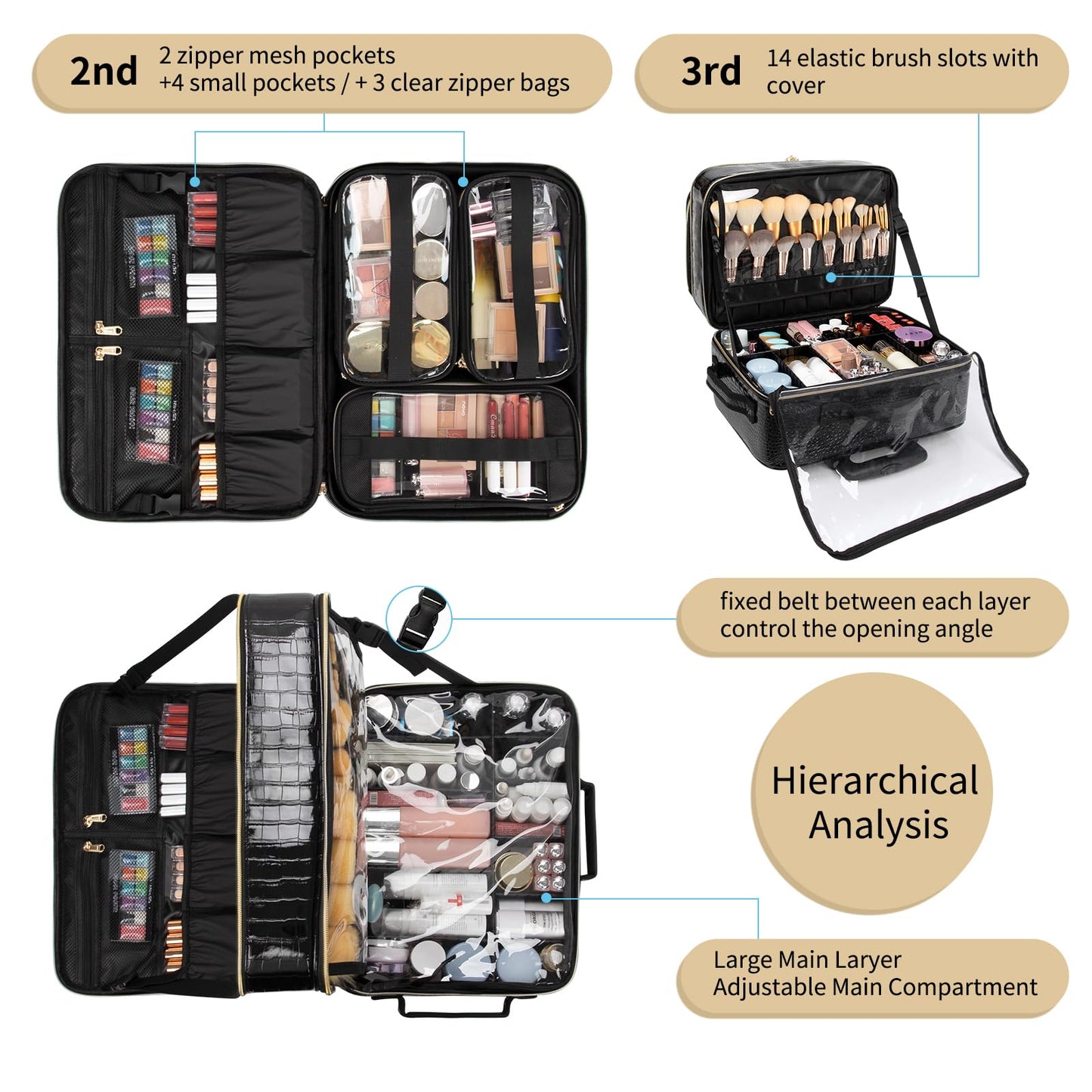 OCHEAL Rolling Makeup Train Case, 18" Carry On Travel Cosmetic Organizer Suitcase,Extra Large Trolley Makeup Storage Case On Wheels,3 Layers with 3pcs Traveling Bags for Hairstylist Cosmetology Artist