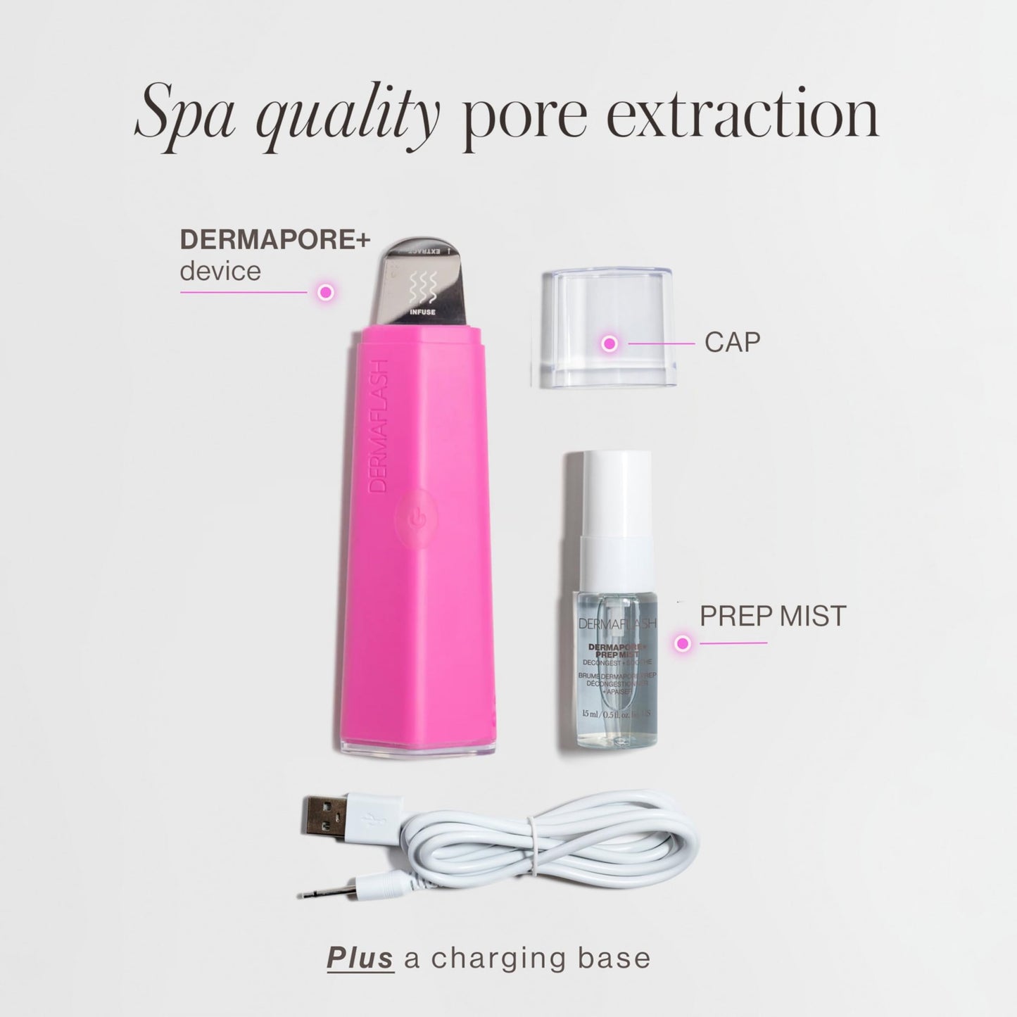DERMAFLASH DERMAPORE+ Skin Care Device, Ultrasonic 2-in-1 Pore Extractor and Skincare Infuser, Pop Pink